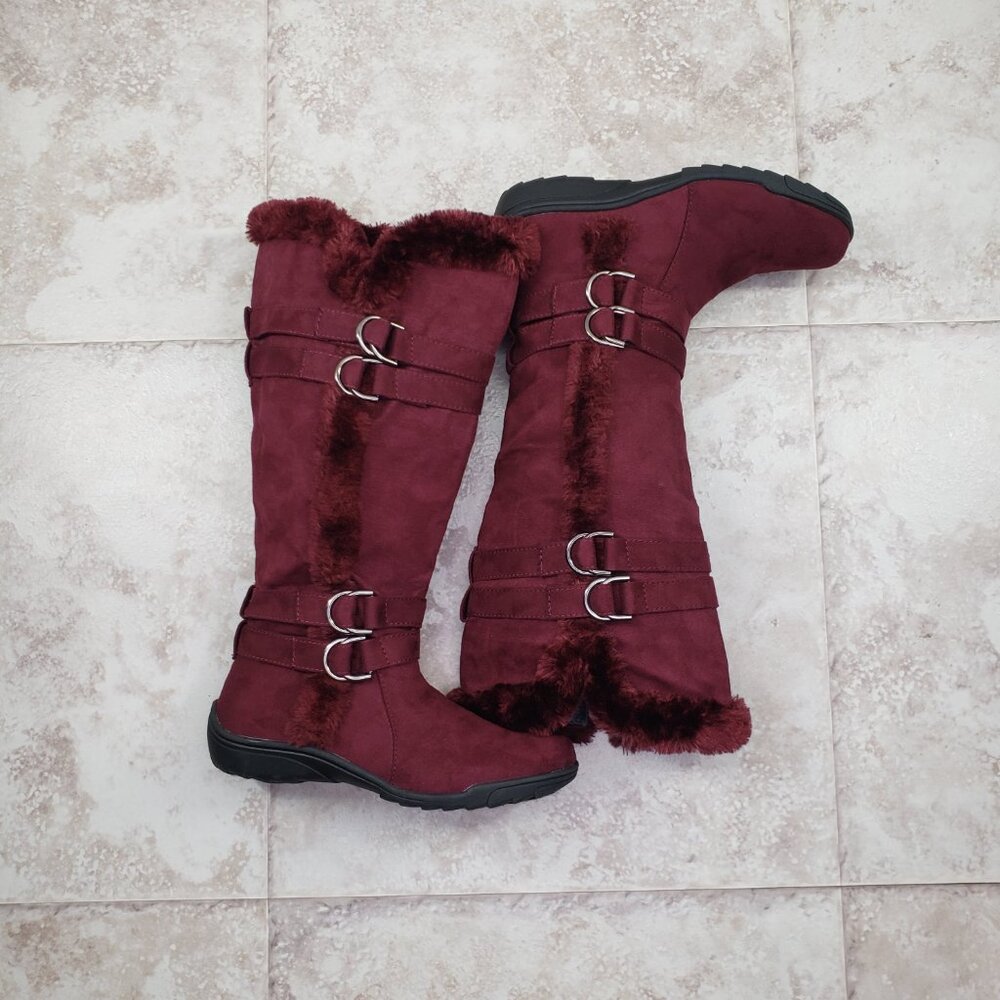 Buckled Faux Fur Hot Tomato Pavati Suede Zippered Full Calf Knee Boots Size 6 M - Picture 3 of 15